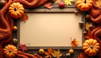 Autumn sale mockup frame with warm orange and brown tones, fallen leaves decoration, rustic wooden texture, cozy knitted elements, empty space for text and discounts, pumpkin and acorn accents, soft g