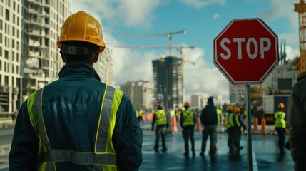 Fototapeta premium Construction workers pause activity while a supervisor oversees operations under a clear sky