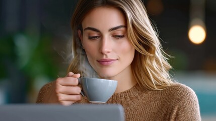 Enchanting moment professional woman enjoys coffee in cozy caf