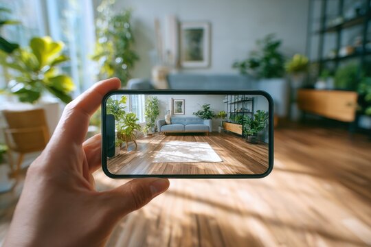 Augmented reality smartphone app for modern home interior design layout.