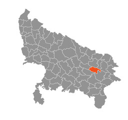 Obraz premium Ambedkar Nagar District Highlighted in Uttar Pradesh State Map of India
