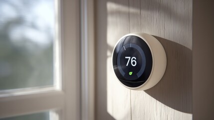 Smart thermostat displaying 76 degrees Fahrenheit mounted on a wall near a window, optimizing home climate