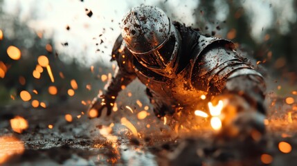 A determined knight struggles through dirt and sparks, representing courage and strength, as he fights against nature's elements, showcasing the spirit of a warrior.