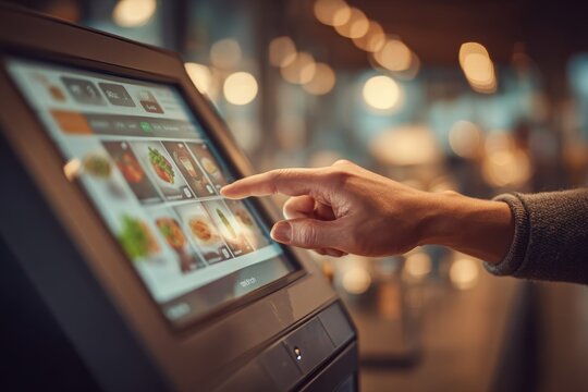 Close-up of a finger pointing at a touch screen display with food options, showcasing the modern self-service ordering system in a fast food restaurant environment.