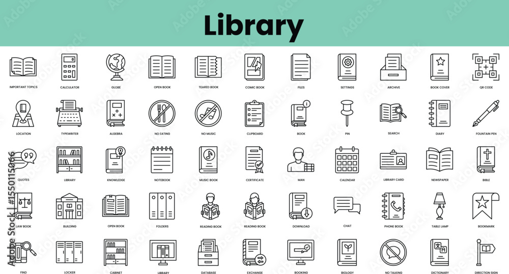 Poster set of library icons. linear style icon bundle. vector illustration