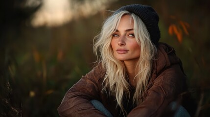 Naklejka premium A stunning woman with long, flowing hair sits amidst a natural backdrop, exuding beauty and calmness while embracing the serene atmosphere of her surroundings.