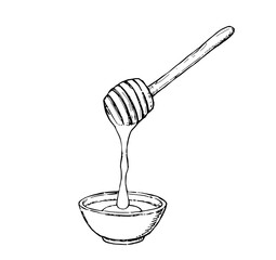 Honey Drizzle: A charming hand-drawn illustration of honey pouring from a wooden honey dipper into a bowl, showcasing a rustic, monochrome style.