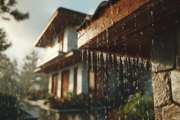 A serene rainy day scene featuring a modern house with water dripping from the eaves, showcasing the beauty and tranquility of a cozy, rainy weather in residential area.