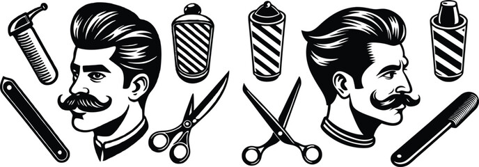 Vector pack including straight razor, comb, mustache, scissors, barber pole, and slicked-back hairstyle profiles