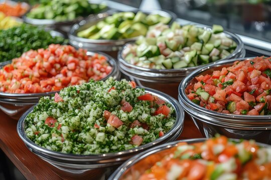 A selection of traditional Arabic salads, such as fattoush and tabbouleh, displayed on a colorful table