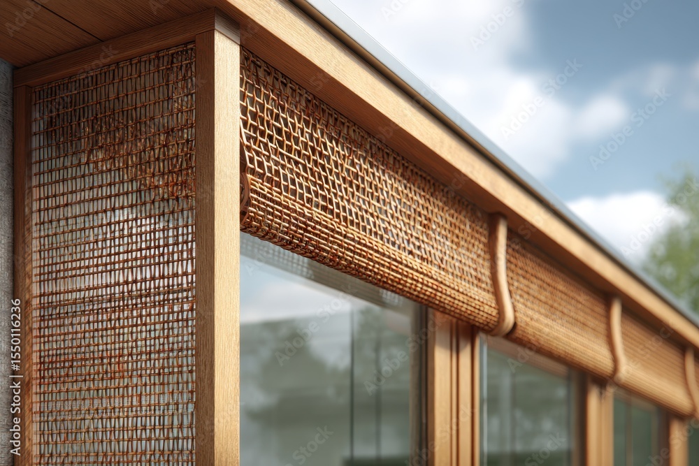 Poster close-up of a modern window with woven blinds adding texture and warmth to the room, blending natura