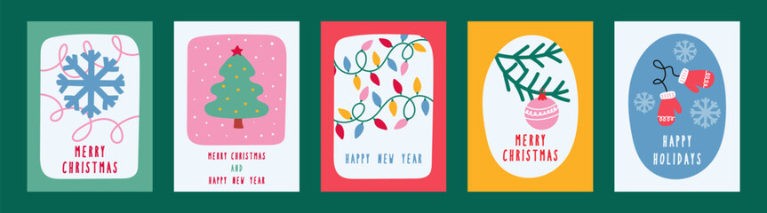 Set of five colorful Merry Christmas and Happy New Year greeting card designs to celebrate winter holidays, simple illustration style.