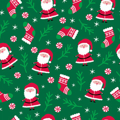 Christmas seamless pattern with Santa Claus, stockings, fir tree branch and stars on green background.