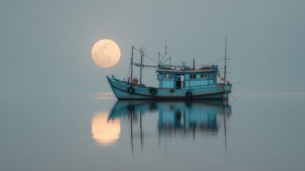 Minimalist photography, a blue and gray fishing boat on the water