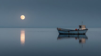 Minimalist photography, a blue and gray fishing boat on the water