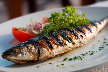 Delicious grilled fish garnished with herbs and accompanied by fresh vegetables is served on a white plate at an outdoor restaurant. The dish looks appetizing under bright sunlight
