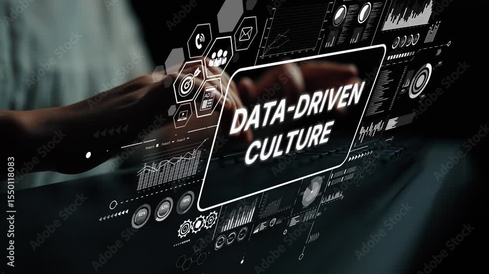 Poster hands typing on keyboard with data-driven culture concept and digital analytics overlay in dark envi