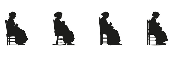 Elderly Woman With Cat Silhouettes In Solid Icon Set. Senior Companionship And Pet Interaction Symbol Collection. Lifestyle And Emotional Use. Isolated Vector Illustration