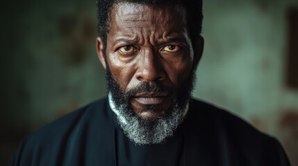 Fototapeta premium A striking portrait of a bearded man with an intense gaze, capturing raw emotion and character, making a powerful statement in a dramatic lighting setting.
