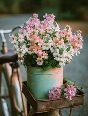 Nemesia in a pastel-painted tin bucket, placed on a vintage bike basket, countryside road