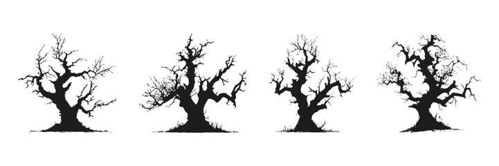 Fototapeta premium Bare Tree Silhouettes In Icon Set. Seasonal Change And Natural Cycle Symbol Collection. Environmental And Botanical Use. Isolated Vector Illustration