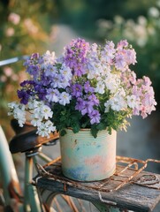 Nemesia in a pastel-painted tin bucket, placed on a vintage bike basket, countryside road