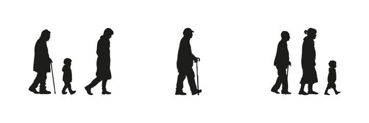 Obraz premium Family Generations Walking Silhouette Set. Intergenerational Bonding And Life Stages Symbol Collection. Social And Educational Use. Isolated Vector Illustration