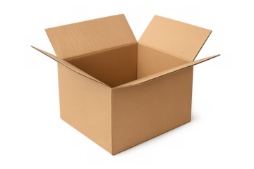 Cardboard shipping container resting on transparent surface, ready for packaging, moving, or storing lightweight items