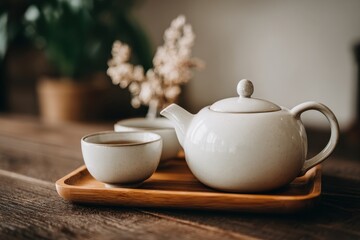 Fototapeta premium Ceramic teapot and cup on wooden tray, perfect for a quiet relaxing tea.