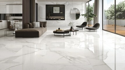 Modern living room featuring elegant marble flooring and large windows in a bright, contemporary home
