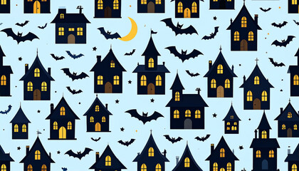 A repeating pattern of dark houses, bats, and a crescent moon on a light blue background, creating a whimsical Halloween aesthetic