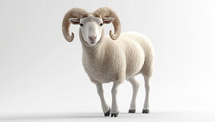 Fototapeta premium Sheep With Horns Strutting On A White Surface, Gazing At The Camera. An Adorable Moment Captured In Nature.