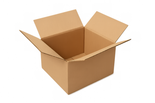 Empty open cardboard box isolated on a transparent background, providing a versatile option for shipping, packaging, and storage needs - Powered by Adobe