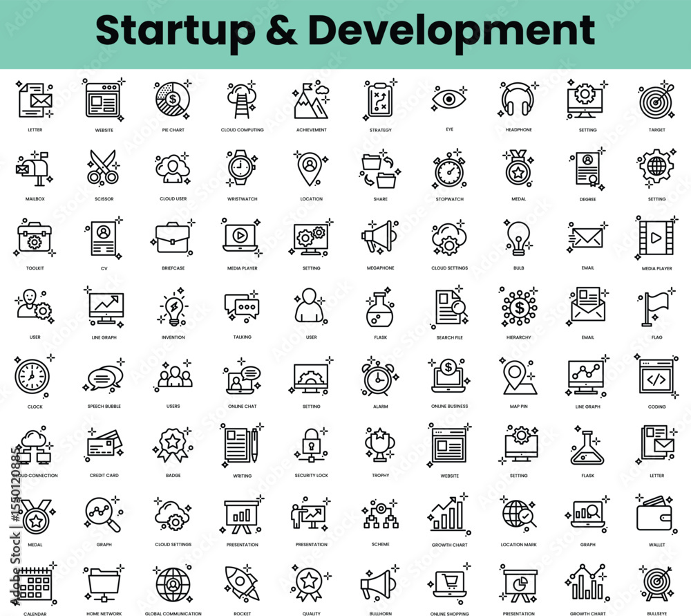 Poster set of startup and development icons. linear style icon bundle. vector illustration