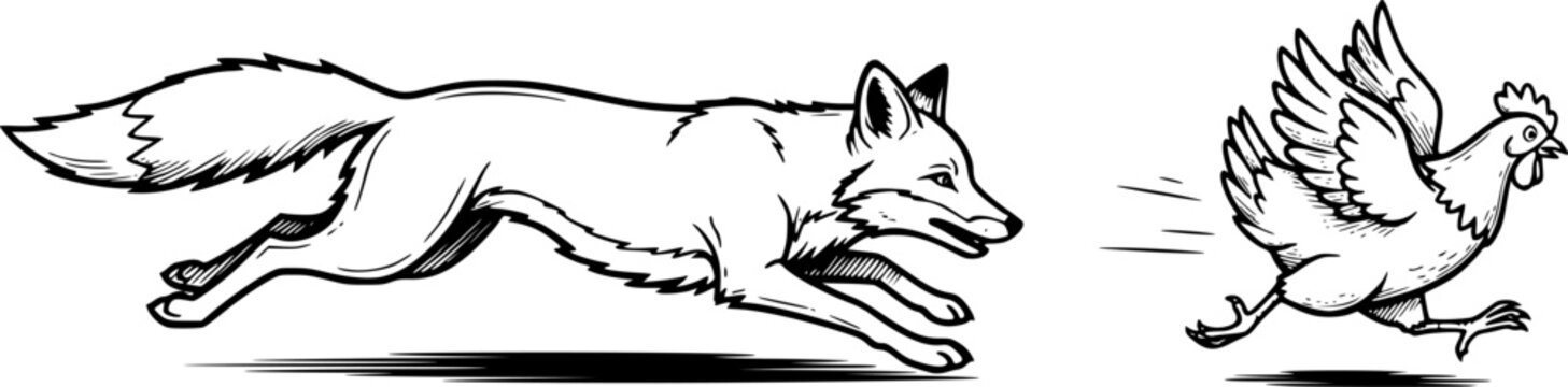 a black and white sketch of a fox chasing a chicken, simple, vector