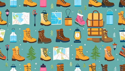 A teal background showcases a repeating pattern of hiking boots, maps, water bottles, backpacks, and camping lanterns, all in a flat, illustrated style