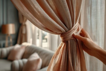 A hand gently pulling back a sheer curtain, letting morning sunlight into a cozy home interior.