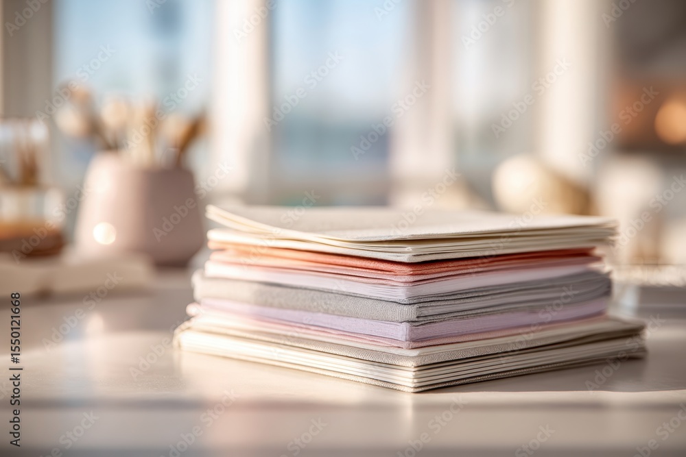 Poster a neatly stacked pile of colorful notebooks on a bright desk with soft natural light.
