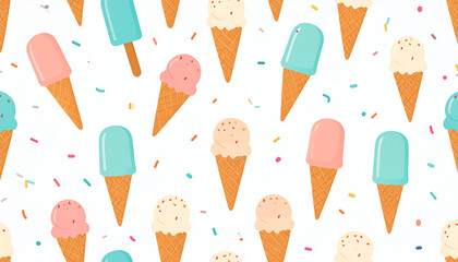 A cheerful summer pattern featuring ice cream cones in pink, peach, and vanilla, alongside pastel popsicles, all scattered against a white background sprinkled with colorful confetti