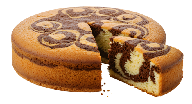 A beautifully baked marbled cake with a slice cut out, showcasing its intricate chocolate and vanilla swirl pattern