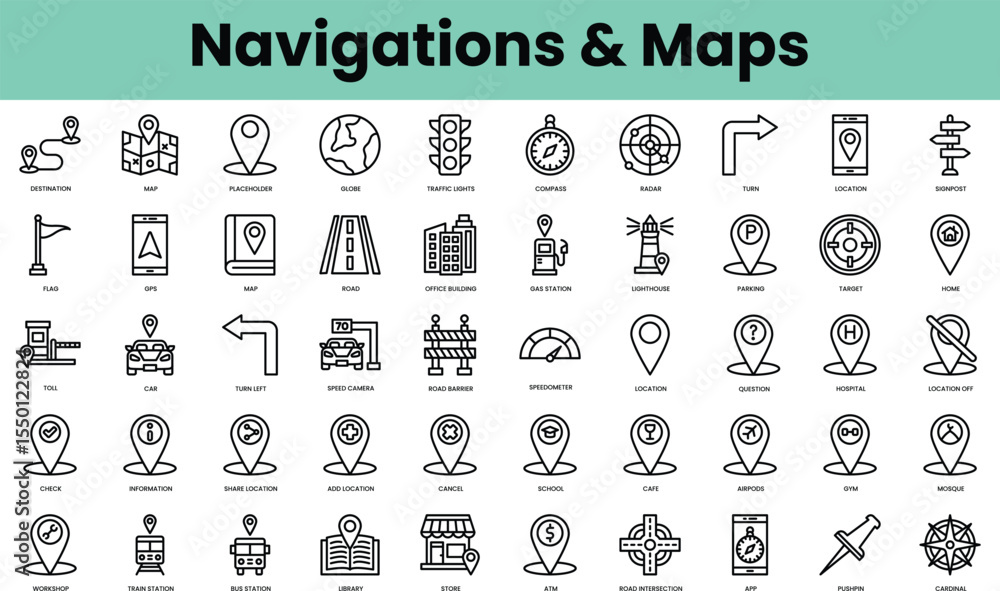 Poster set of navigations and maps icons. linear style icon bundle. vector illustration