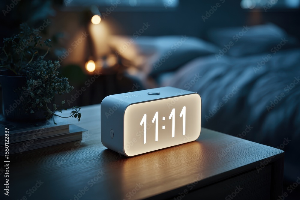Poster digital alarm clock displaying 11:11 on a bedside table in a calm bedroom setting.