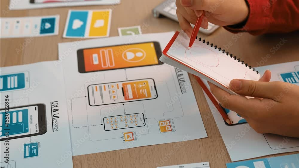 Poster panorama video of startup company employee planning on user interface prototype for mobile applicati