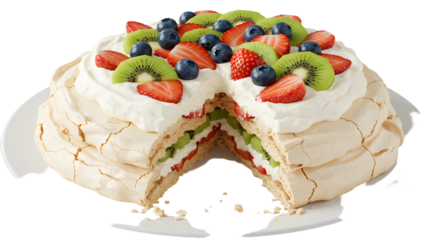 A beautifully decorated pavlova dessert topped with fresh fruits like strawberries, kiwi, and blueberries, served on a white plate