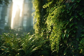 Fototapeta premium Verdant foliage cascades down an urban wall, bathed in warm, luminous sunlight.
