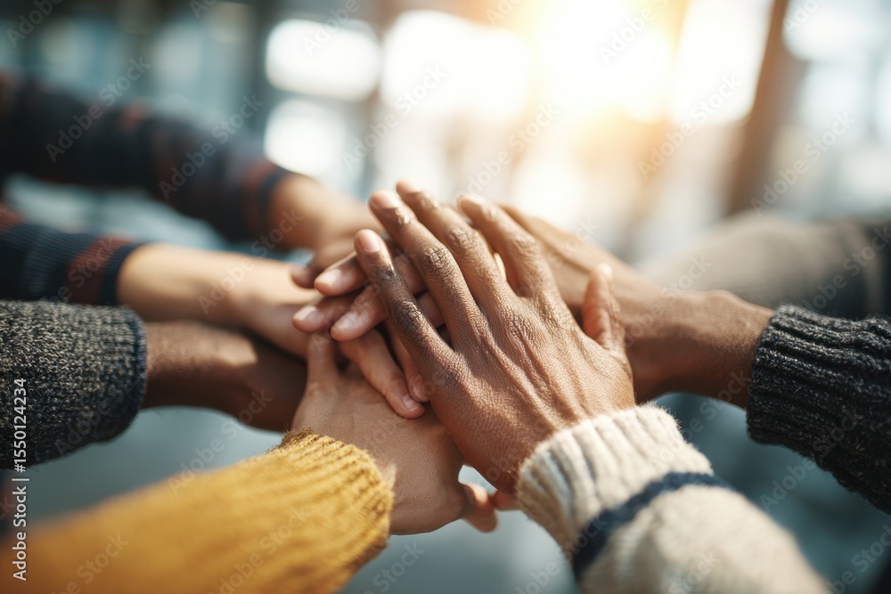 Poster a close-up shot of diverse hands stacked together, symbolizing unity and teamwork.
