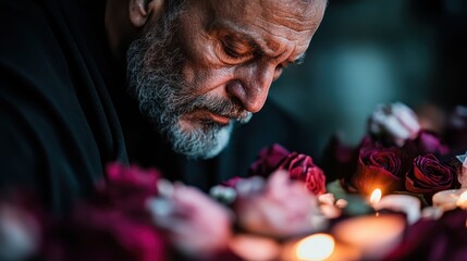 An elderly man reflecting in sadness surrounded by roses and candles, capturing the deep emotions of loss, respect, and remembrance in an intimate and poignant scene.