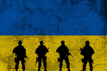 Flag of Ukraine painted on a grunge wall with soldiers shadows. Relationship between Ukraine and...