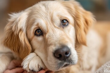 Sweet Golden Retriever dog close-up, gently resting its paw in a human hand.
