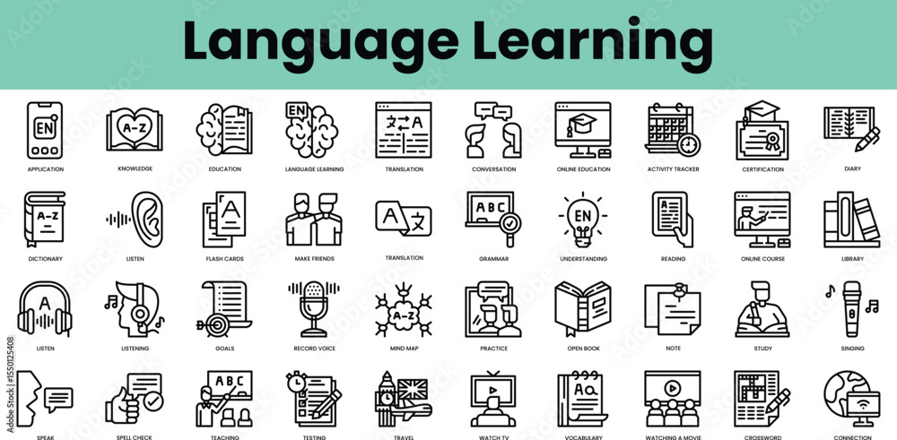 Poster set of language learning icons. linear style icon bundle. vector illustration